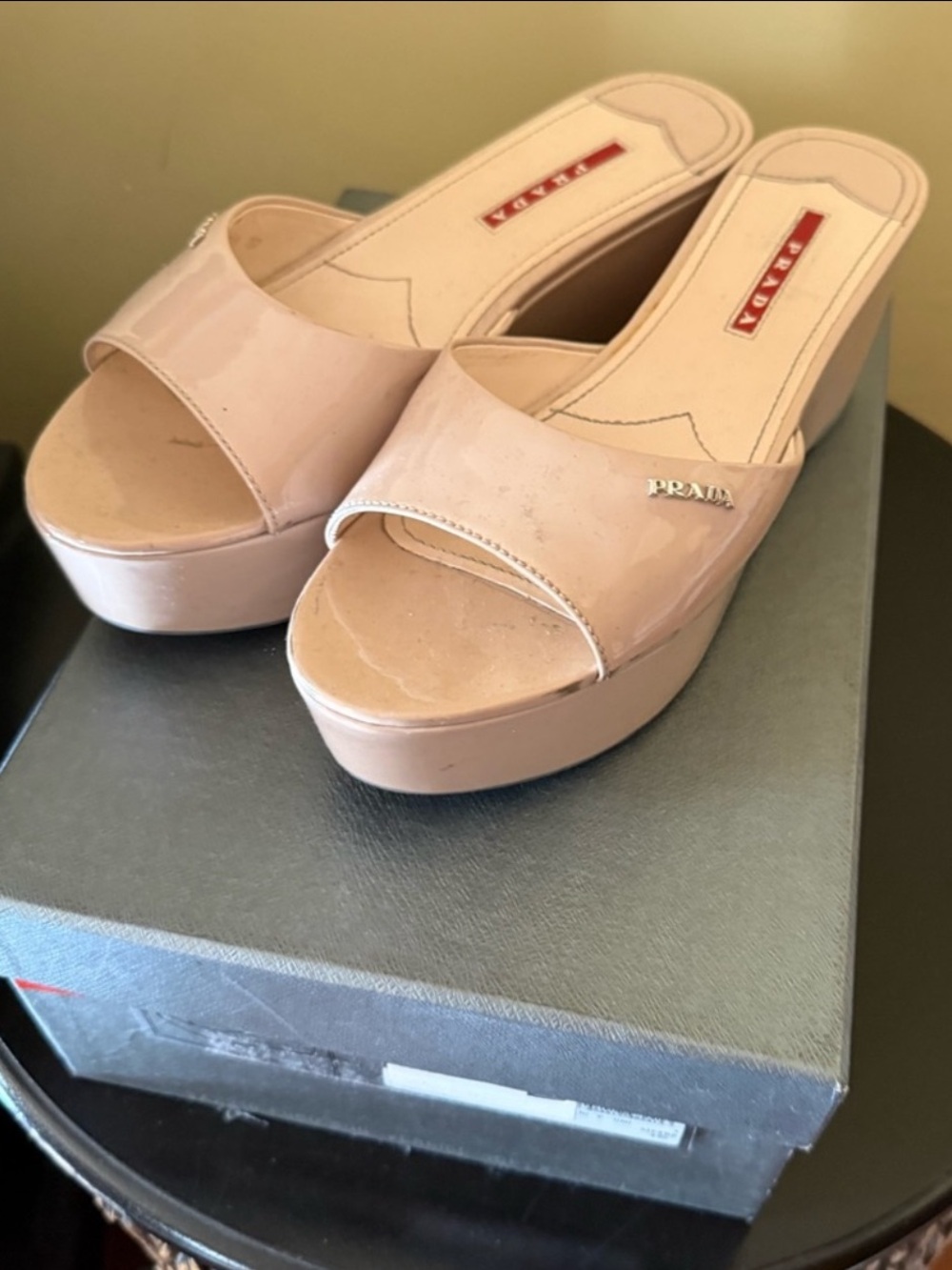 Prada Women's Nude Patent Platform Slide Sandals size 37 / 7